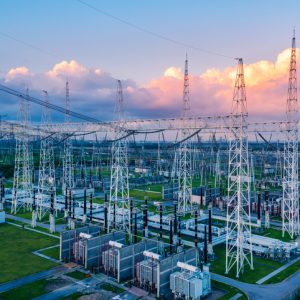 Aerial view of a high voltage substation.Industrial power tower background.